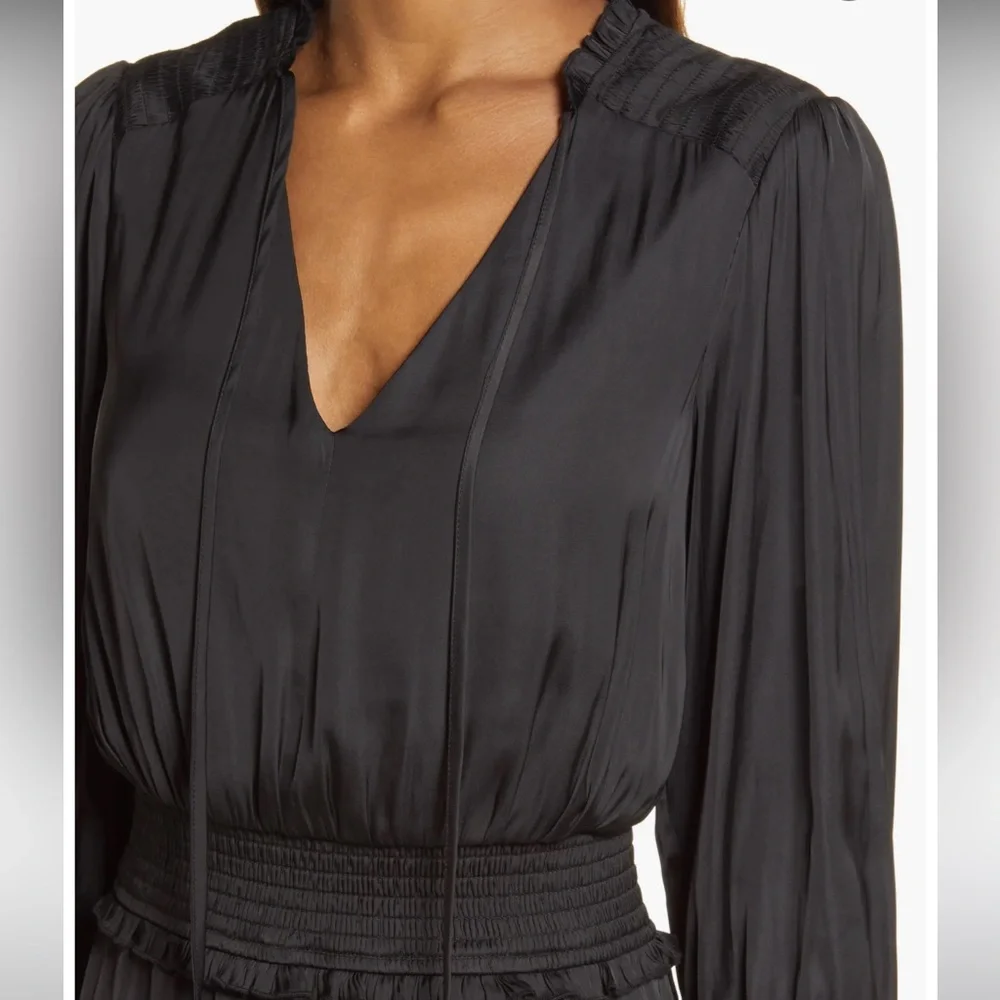 Sam Edelman Long Sleeve Tiered Dress Silky Smock Waist Black L NWT